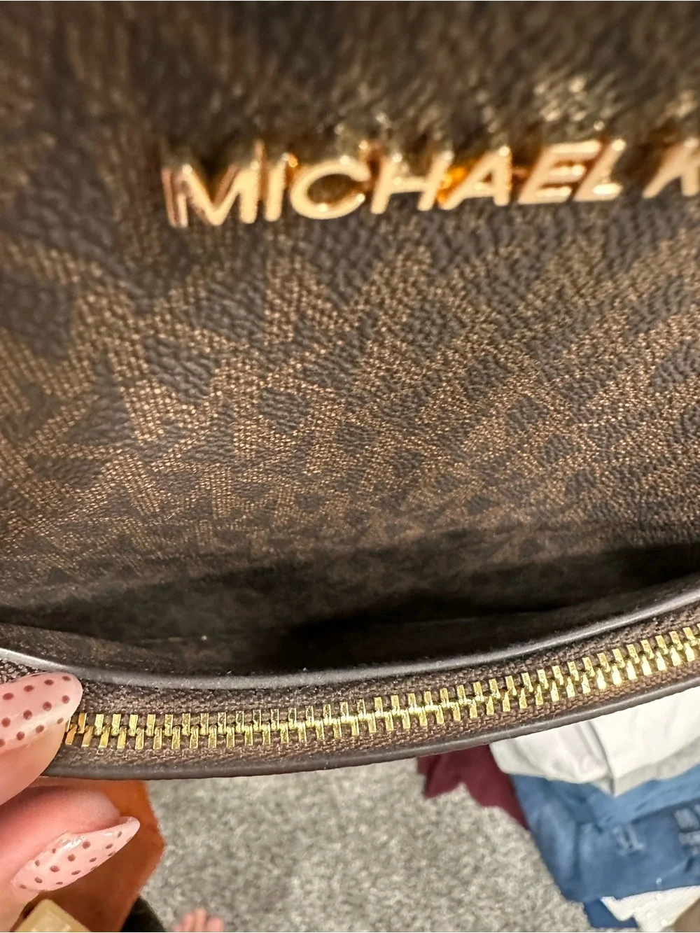 Michael Kors Brown Logo-Print Backpack with Tan Trim